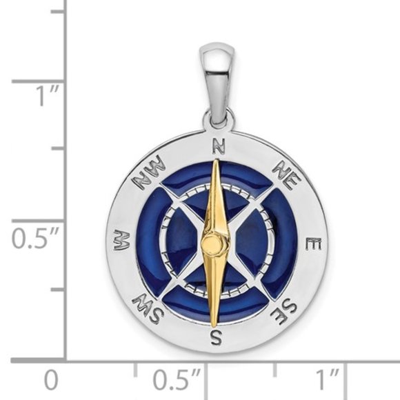 925 Sterling Silver Blue Enameled Compass Pendant with 14k Gold Moving Needle - Picture 2 of 4